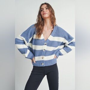 Oversized Cozy Blue and White Striped Chunky Knit Cardigan NWOT